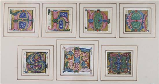 A group of nine 15th century ink on vellum illuminated letters, cropped from manuscripts, largest 3.25 x 3.5in., housed in three frames